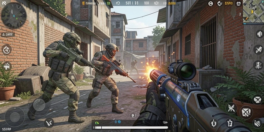 Tampilan gameplay 55RP menampilkan aksi seru di arena FPS.