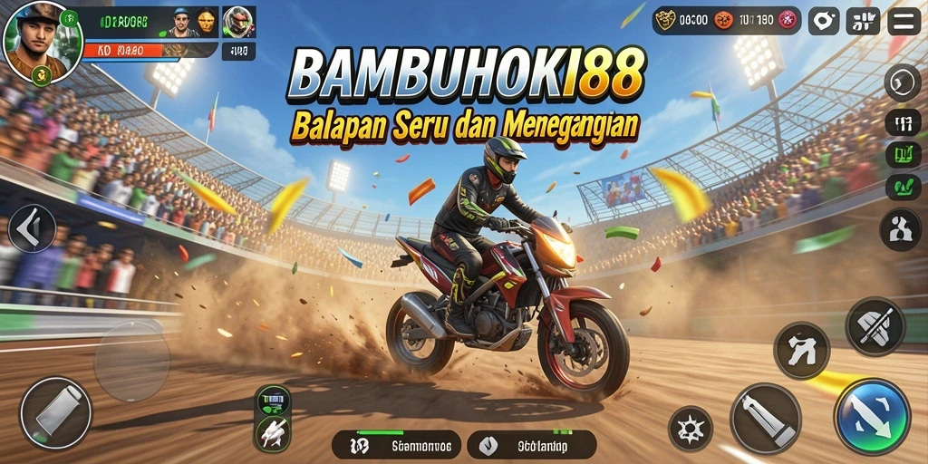Screenshot utama BAMBUHOKI88 menampilkan aksi balapan yang mendebarkan.