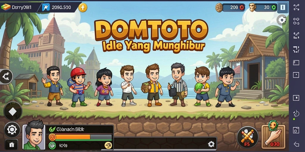 Screenshot gameplay DOMTOTO menunjukkan karakter mengumpulkan sumber daya secara otomatis.
