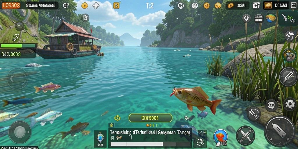 Tampilan gameplay seru menangkap ikan di danau indah.
