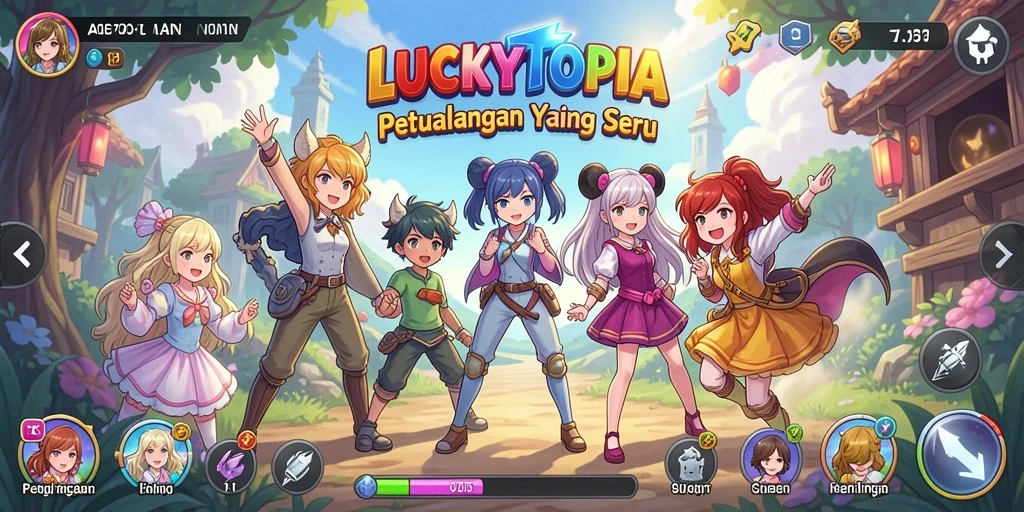 Tangkapan layar gameplay LUCKYTOPIA menampilkan aksi karakter anime yang mendebarkan.